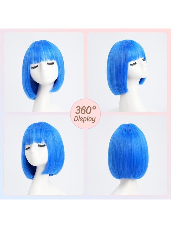 Women Blue Heat Resistant Synthetic Straight Ombre Bob Wig Bangs 10 Inch